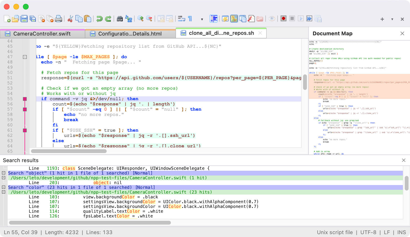Notepad++ for Mac running on Apple Silicon, showing the native macOS menu bar, Cocoa toolbar, and syntax-highlighted source code in the Scintilla editing view