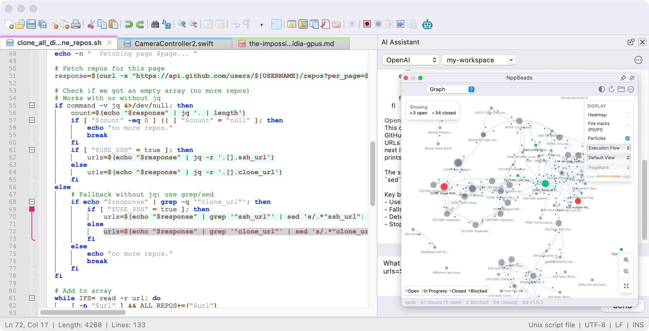 Notepad++ for macOS light mode showing split view editing, code folding, and search results