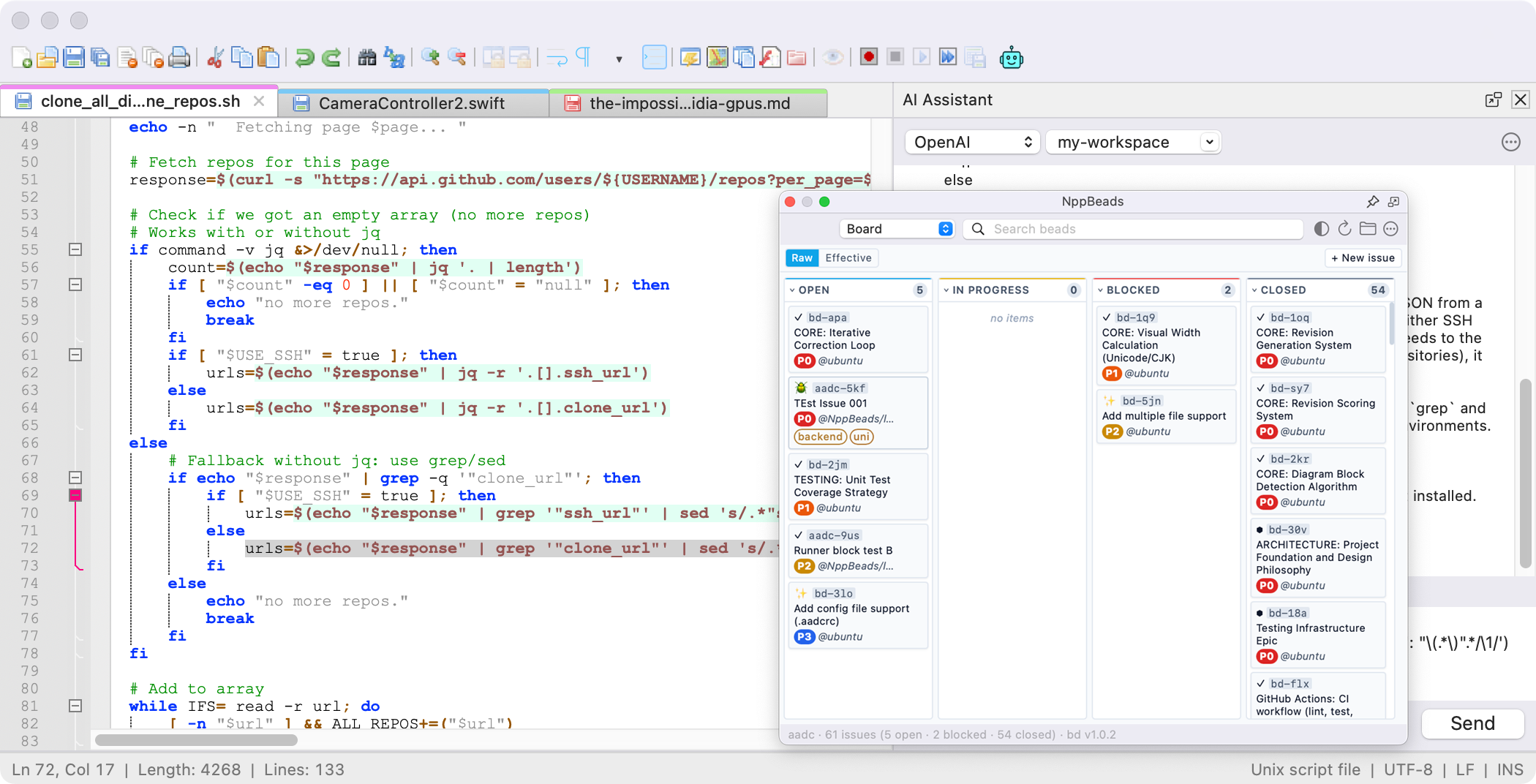 Notepad++ for macOS light mode with the Plugin Admin window and ported macOS plugins