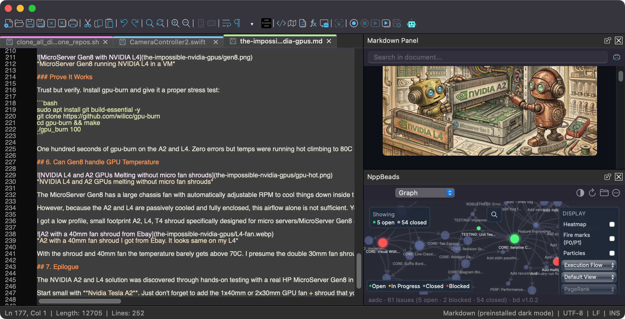 Notepad++ for macOS in dark mode with native macOS chrome and syntax-highlighted source
